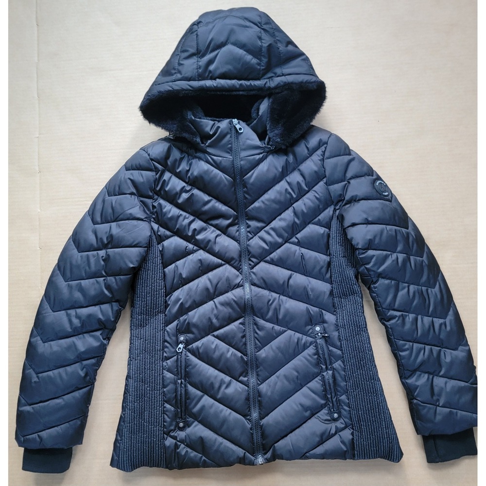 Nautica Women Black Water Resistant Puffer Jacket Faux Fur Hood Large Q020331